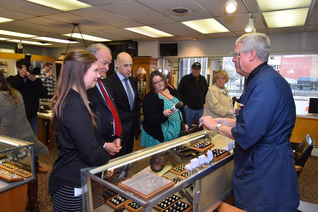 Todd Murray demonstrates some of the jewelry showcased in the Bicentennial Marketplace during First Lady Karen Pence's visit today. Photo by: Mike Rhodes