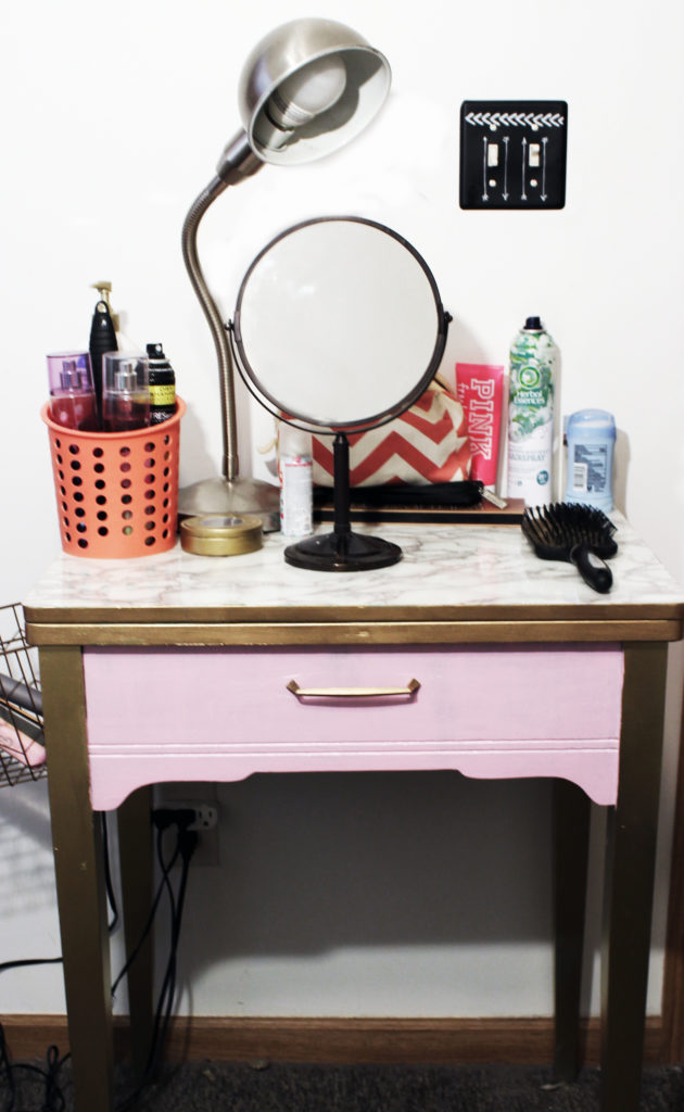 Not pictured - my totally awesome retro stool I sit on that slides perfectly under the vanity. I would suggest a skinny chair or one of those storage cubes you can get at the local WalMart.