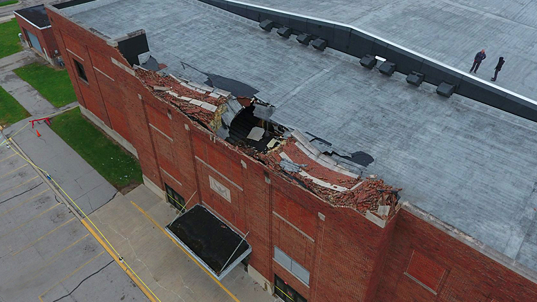 Damage to the Muncie Fieldhouse roof as photographed by: Roger Overbey