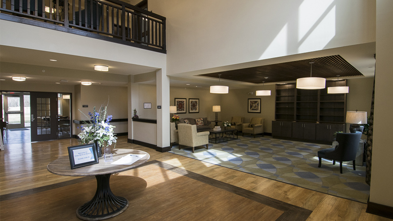 The open and airy lobby just inside the entrance of Silver Birch of Muncie. Photo by: Mike Rhodes