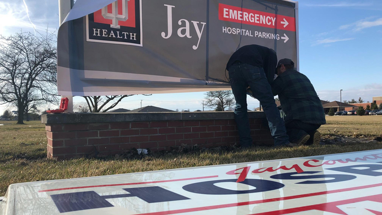 New IU Heath Jay signage being installed. Photo provided