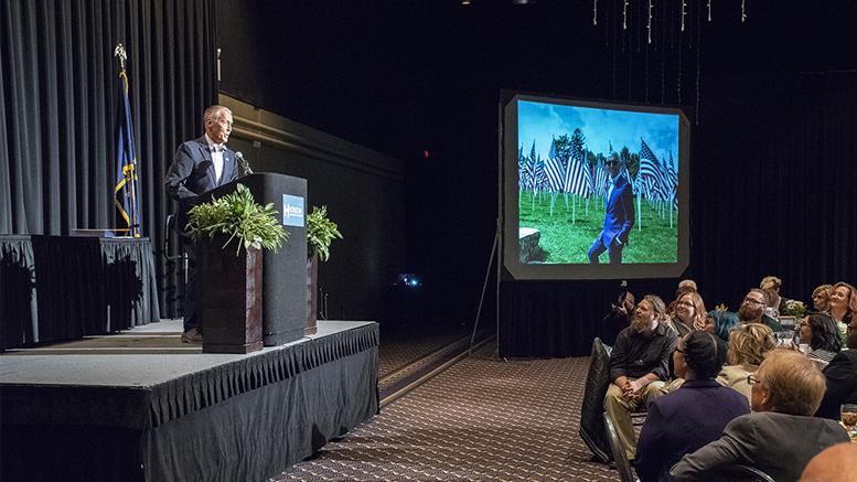 Dale Basham is pictured at the podium making remarks after receiving the Edmund F. Ball Lifetime Achievement Award in 2018. Photo by: Mike Rhodes