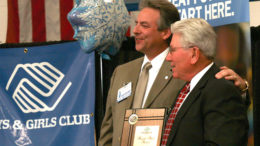 Neil Schmottlach (R) presents past recipient, Mark McKinney (L) with the Horatio Alger Award during the Great Futures Luncheon. This year the Boys & Girls Clubs of Muncie will present both the Legacy Award and the Roy C. Buley Heritage Award at the Great Futures Dinner on January 24. Photo provided.