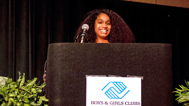 Jayonna Taylor accepts her Youth of the Year award and shares what it means to her in front of the Great Futures Dinner attendees at the Horizon Convention Center. Photo provided