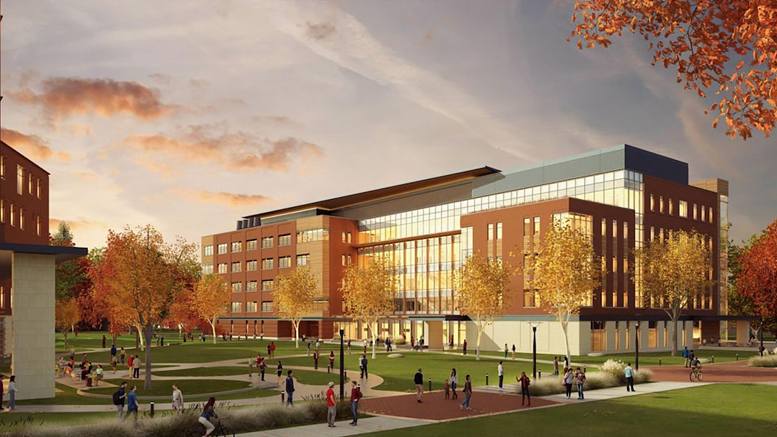 The new, 165,000-square-foot health professions building will consolidate Ball State's health-related programs. The building will include classrooms, laboratories, offices, a resource hub, simulation labs/suites and clinical spaces. Photo rendering provided.
