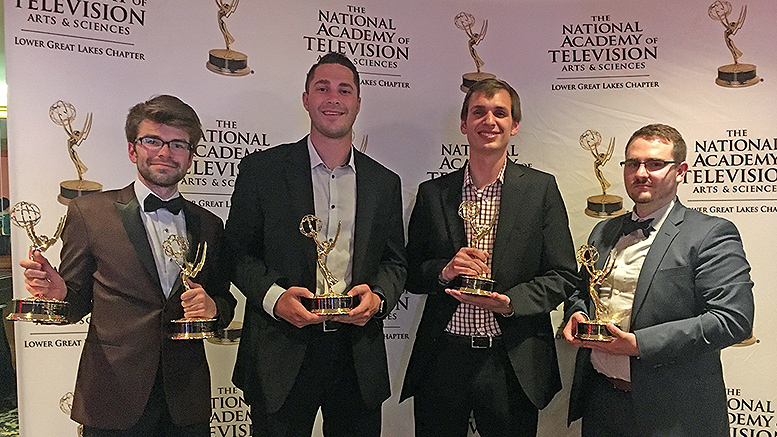2018 grad Ryan Shank (left), won two Emmys at the annual Lower Great Lakes Chapter awards ceremony in Cleveland.  2019 grad Sam Ahrens, 2018 grad Logan Dubbs, and 2018 grad Jay Fields also received honors in Cleveland. Photo provided