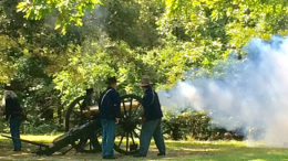 Smoke enshrouds the scene during a cannon demonstration. Photo by: Nancy Carlson