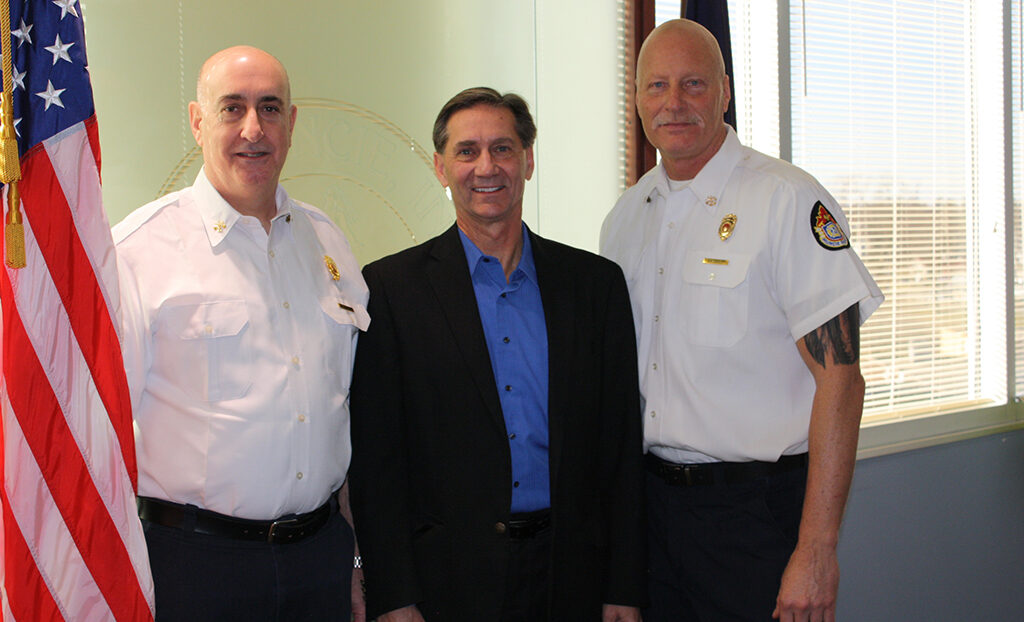Pictured L-R: David Miller,Fire Chief for the City of Muncie; Mayor Dan Ridenour; Alan Richards, Deputy Fire Chief for the City of Muncie.