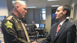 elaware County Sheriff Tony Skinner thanks Matt Peiffer for providing training to his staff. Photo provided