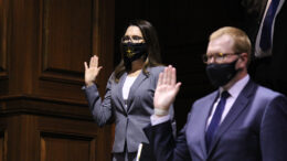 State Rep.-elect Elizabeth Rowray (R-Yorktown) (left) takes the oath of office during Organization Day Tuesday, Nov. 17, 2020, at the Statehouse. Rowray will serve House District 35 in the General Assembly, which includes portions of Delaware and Madison counties.