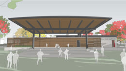 Artist rendering of the Brown Family Amphitheater to be located between Park and Pruis Halls and between Noyer and Woodworth Complexes. Illustration provided by Ball State University