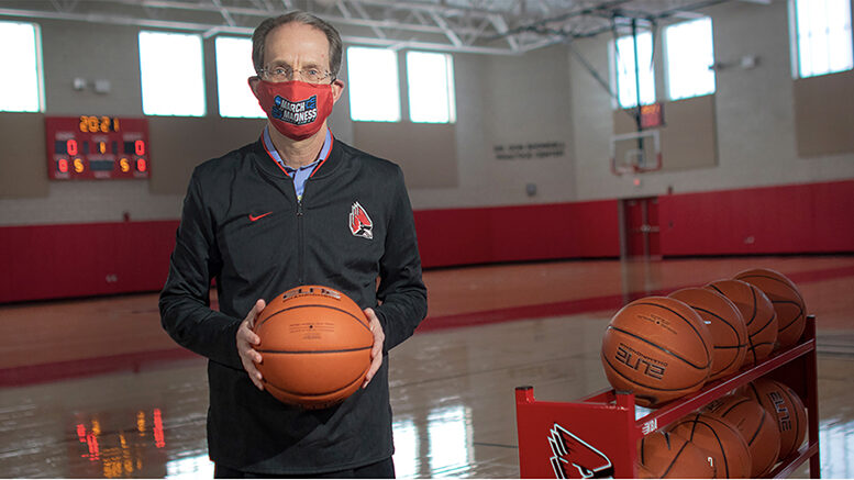 BSU President Geoffrey Mearns is pictured sporting his March Madness mask. Watch his video message at the bottom of this article. Photo provided by Ball State Athletics.