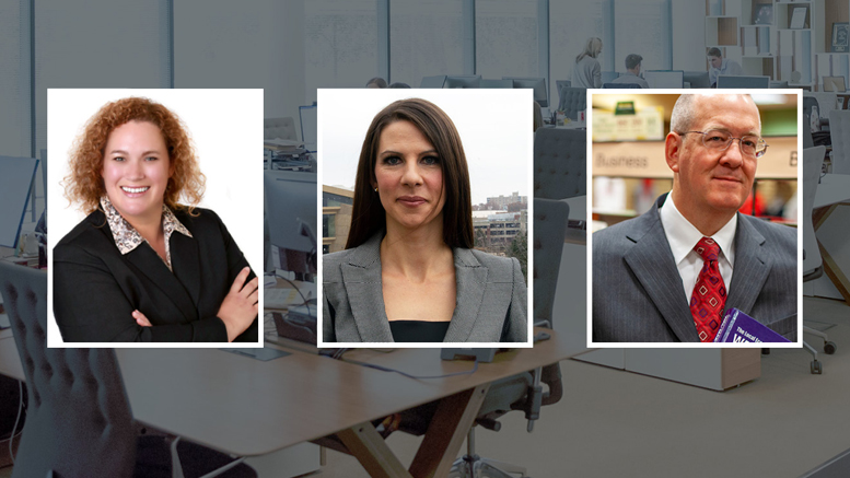 Panelists for the Dec. 9 Economic Outlook luncheon include Suzanne Newcomb, JD (SmithAmundsen LLC), Amanda Weinstein, PhD (University of Akron), and Michael Hicks, PhD (Ball State University.) Photo courtesy of Ball State CBER.