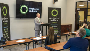 Executive Director, Scott Watkins makes remarks during the Orchestra Indiana announcement. Photo by Mike Rhodes