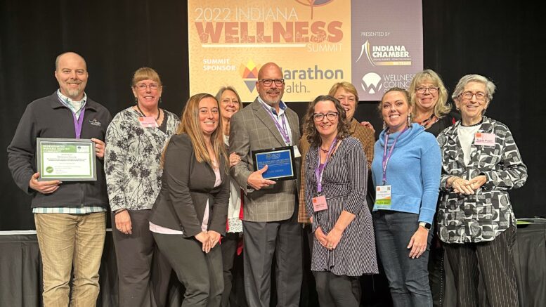Community members from Delaware County were present to receive the Indiana Healthy Community redesignation certificate and to support John Disher, the Community Wellness Champion award recipient. Photo provided by Indiana Chamber