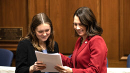 Delaware County resident Natalie Moulton (left) reviews the session calendar with State Rep. Elizabeth Rowray (R-Yorktown) (right) Tuesday, Jan. 30, 2024, in the House Chamber at the Indiana Statehouse. Moulton is interning with the Indiana House of Representatives during the 2024 legislative session. Photo provided