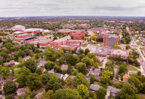 Aerial image of the Ball State University campus. Photo by: Michael Wolfe