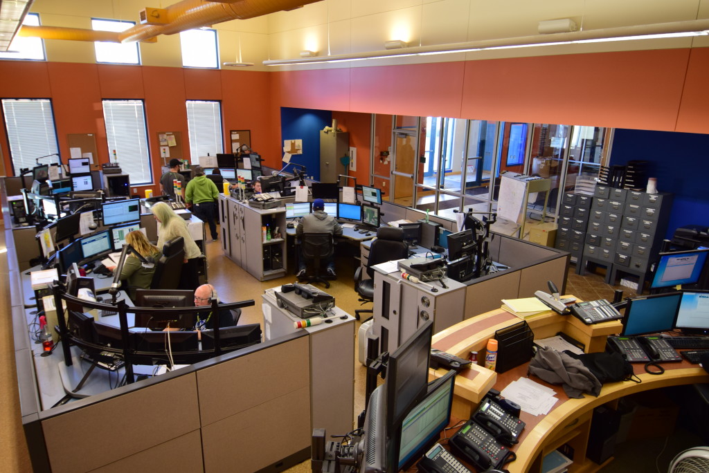 Inside the dispatch center (911) at the Delaware County Emergency Operations Center. Photo by: Mike Rhodes