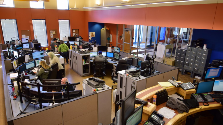 Inside the dispatch center (911) at the Delaware County Emergency Operations Center. Photo by: Mike Rhodes