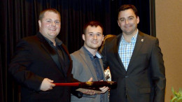 Casey Stanley of Ontario Systems is pictured with Big Idea Pitch 1st Place Winners - Brent Allred & Tyler Harris – Avec Audio. Photo provided.