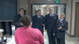 Magic City Music Men members Joe Bourne, Scott Trout, Joe Howard, and Charles Harris performing a "Singing Valentine" for a lucky recipient. Photo provided