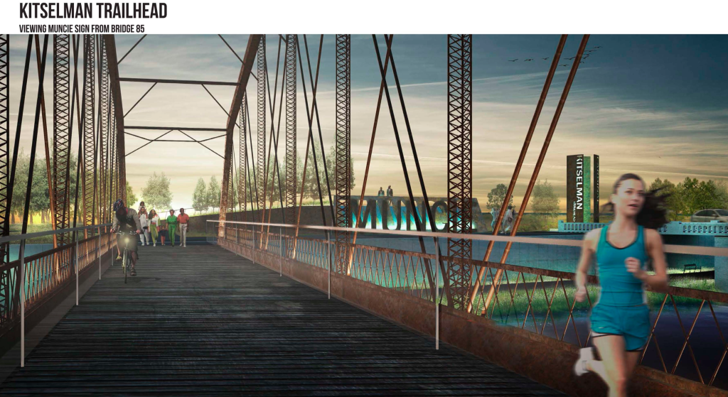 Artist rendering of Kitselman Trailhead and Muncie Sign from Bridge 85.