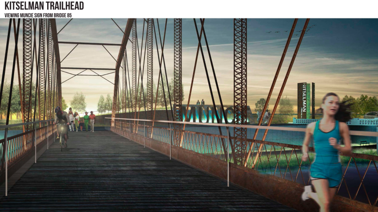 Artist rendering of Kitselman Trailhead and Muncie Sign from Bridge 85.