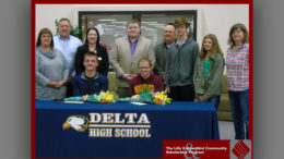 2016 Lilly Endowment Community Scholarship Award recipients, Nicolas Bantz and Anna Groover, both from Delta High School, pose with their families and Community Foundation Staff.