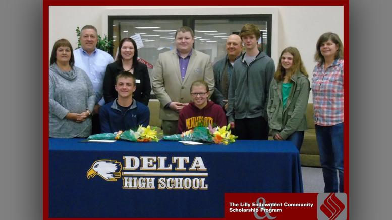 2016 Lilly Endowment Community Scholarship Award recipients, Nicolas Bantz and Anna Groover, both from Delta High School, pose with their families and Community Foundation Staff.