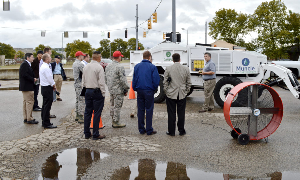 DANNAR’s David Cripps explains the output panel of the Mobile Power Station® that allows for 120VAC and 208VAC power output along with Type I, II and III hydraulic circuits. Photo provided.