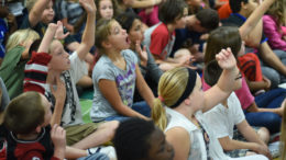 Students at South View Elementary School engage with James Whitcomb Riley re-enactor, Chadwick Gillenwater. File Photo.