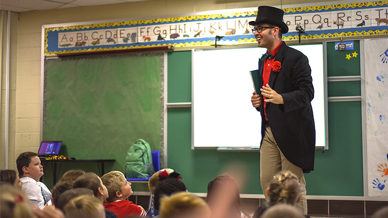Professor Watermelon gives a presentation about James Whitcomb Riley to third and fourth graders at South View Elementary School.