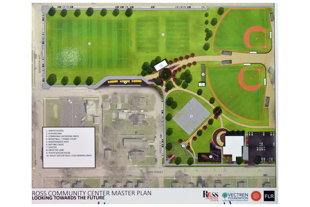 Architectural rendering of new development at Ross Community Center. Home plate at the top right is where the groundbreaking took place. 