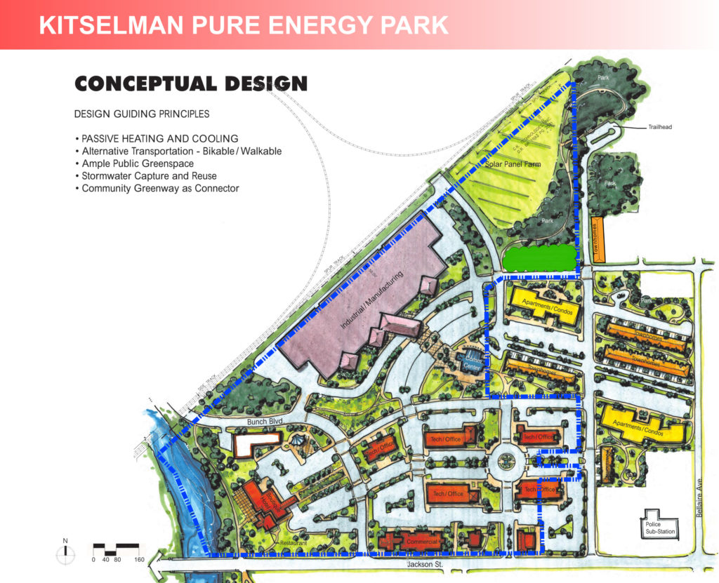 An updated conceptual design of the KPEP development was shared with participants at the meeting Nov. 22. The area outlined in BLUE identifies the former Indiana Steel & Wire property to be developed. Residential properties will not be developed on the IS&W property.