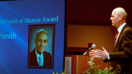 Steve Smith accepts the Al Rent Spirit of Muncie Award at a past Chamber Champions luncheon. Photo provided.