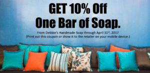 Click the coupon above to open up a larger image, then print it. Take the coupon to Debbie's Handmade Soap or SHOW the coupon on your mobile device inside the store to redeem.