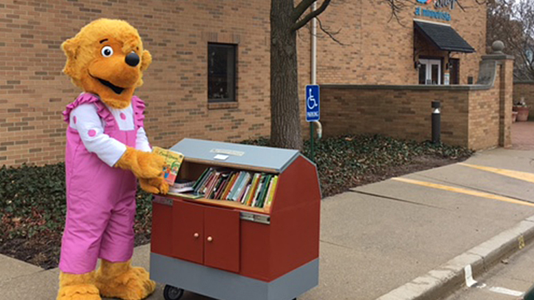 Sister Bear visits Minnetrista to donate a set of Berenstain Bears books to their Little Free Library for Library Lovers Month in February. PrimeTrust Federal Credit Union is introducing The Berenstain Bears Financial Literacy Program on April 1 with an Open House at their Bethel Branch. Photo provided.