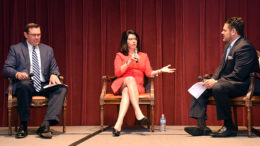 Janet Holcomb, Indiana's First Lady answers questions during a panel discussion with Jud Fisher and Jeff Daniels during the Muncie-Delaware County Economic Development Alliance introduction of the Vision 2021 economic development plan. Photo by: Mike Rhodes