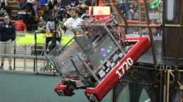 The PhyXTGears robot climbing a rope on an airship tower at the end of a match. Photo provided.