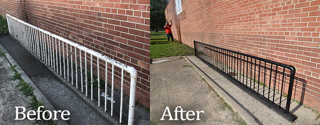 Before and after photos of the bike rack repainting and exterior power washing of the building. Photo by: Mike Rhodes