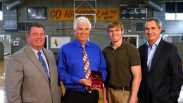 Pictured L-R: Dave Arland, Executive Director of the Indiana Broadcasters Association; Steve Lindell, Vice- President and Director of Operations, Woof Boom Radio LLC; Simon Hoying, WLBC on-air personality; J Chapman, President, Woof Boom Radio, LLC.