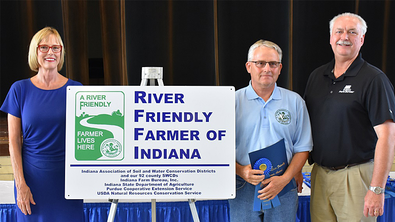 Pictured L-R: Lieutenant Governor Suzanne Crouch, Mr. Larry Shreve, and Indiana Farm Bureau President Randy Kron. Photo by: Indiana Association of Soil and Water Conservation Districts.