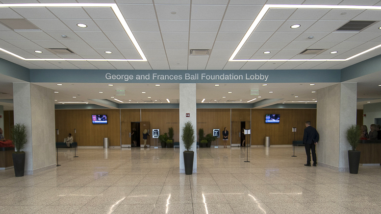 A view inside the George and Frances Ball Foundation lobby inside the newly remodeled Emens Auditorium. Photo by Mike Rhodes