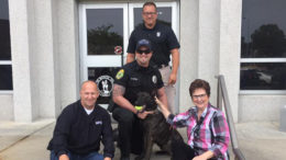 Pictured: Chief Joe Winkle, K-9 Rasse & Officer Hunter, Captain Steve Cox, & Donna Maitlen. Photo provided.