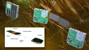 ThinSAT's measuring 111.1 x 111.1 x 12.5 are pictured. These are the beta units the students are designing. The satellites are linked together with a tethering deployment system and contain an optical communications system and peripherals. Photo by: Mike Rhodes