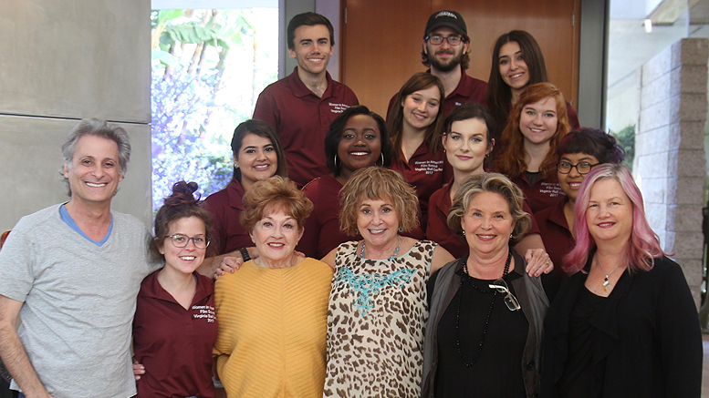 Members of the student crew pose with sound professionals on the set of “Amplified: A Conversation with Women in American Film Sound.” Photo by: Laura Huffman