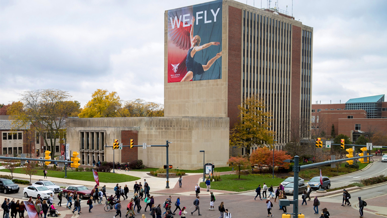Ciara Borg’s image towers over Ball State on the side of the 10-story tall Teachers College. Photo provided.