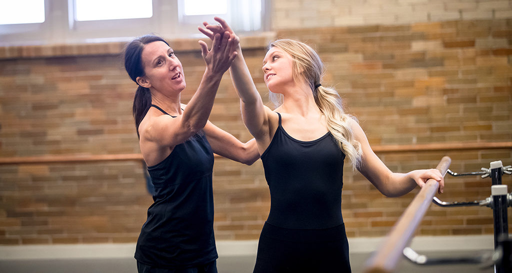 Susan Koper, a Ball State dance professor, works with Ciara Borg at a recent dance training session. Photo provided.