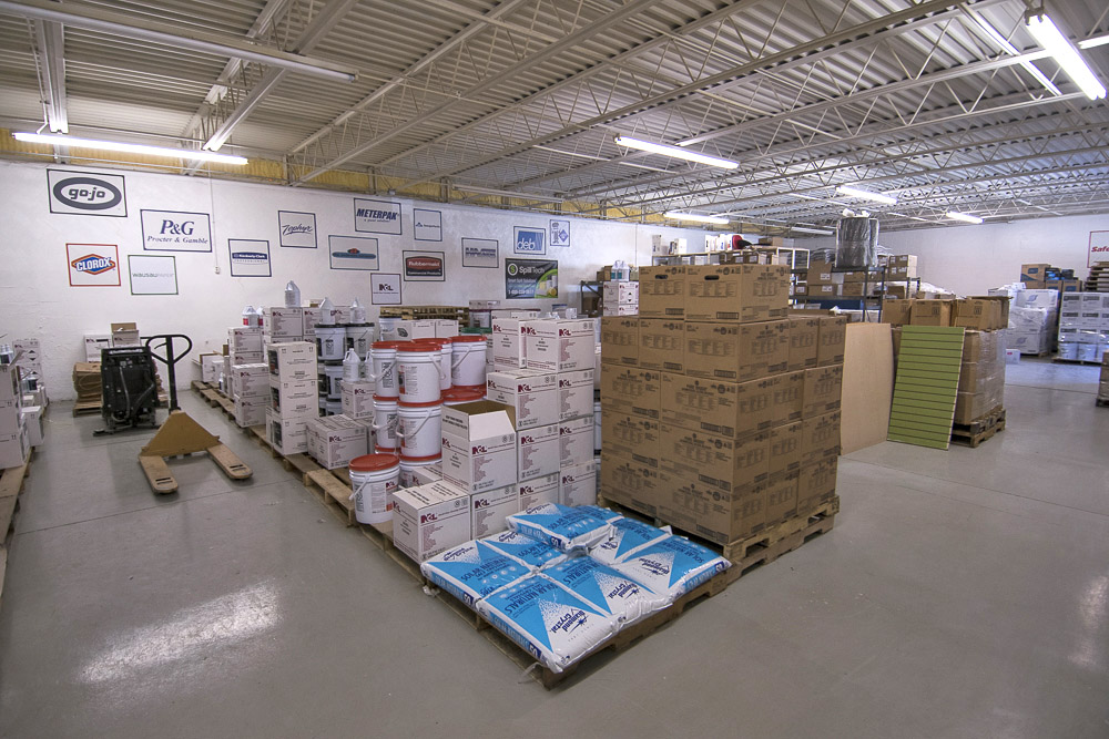 A portion of Dalton & Co.'s 7,000 ft. warehouse is pictured. Large volumes of commercial janitorial supplies are stored in this section of the warehouse. Paper products and other packaged materials are stored in another large section of the warehouse. Photo by: Mike Rhodes