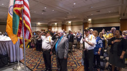 Lions are pictured singing the National Anthem at the beginning of the business meeting on Friday, April 27, 2018. Photo by: Mike Rhodes